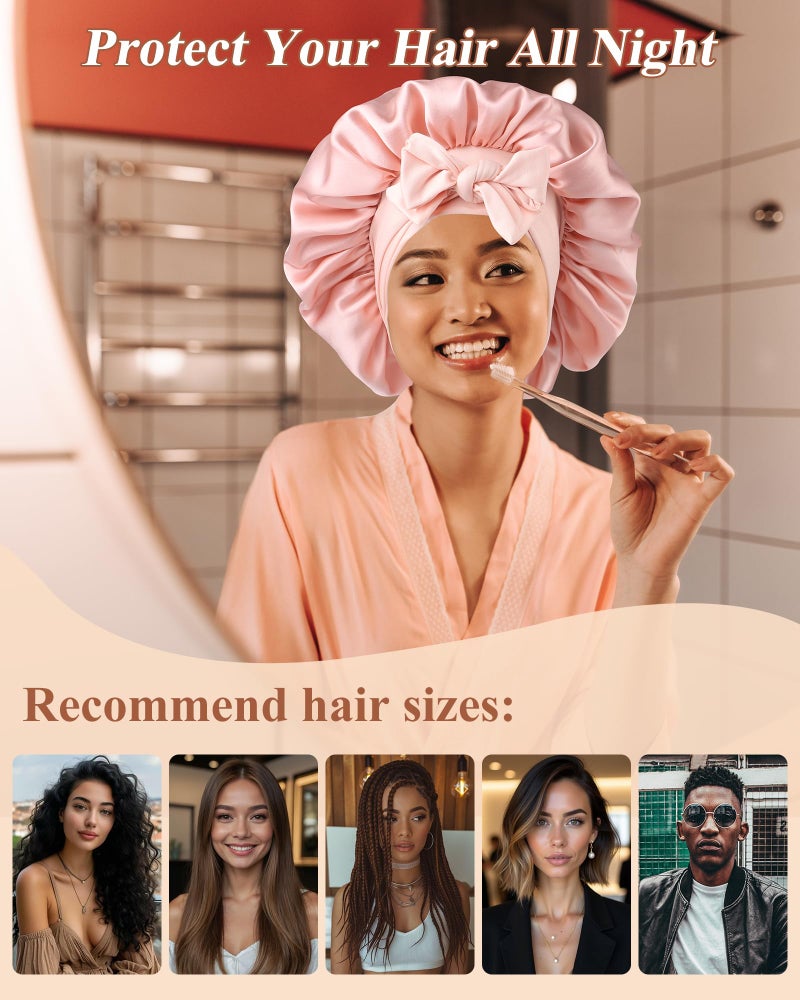 سي اتش ال اي انس اس قبعة نوم حريرية مصنوعة من شعر التوت بنسبة 100% للنساء، غطاء للشعر مع شريط مطاطي (وردي) - Image 3